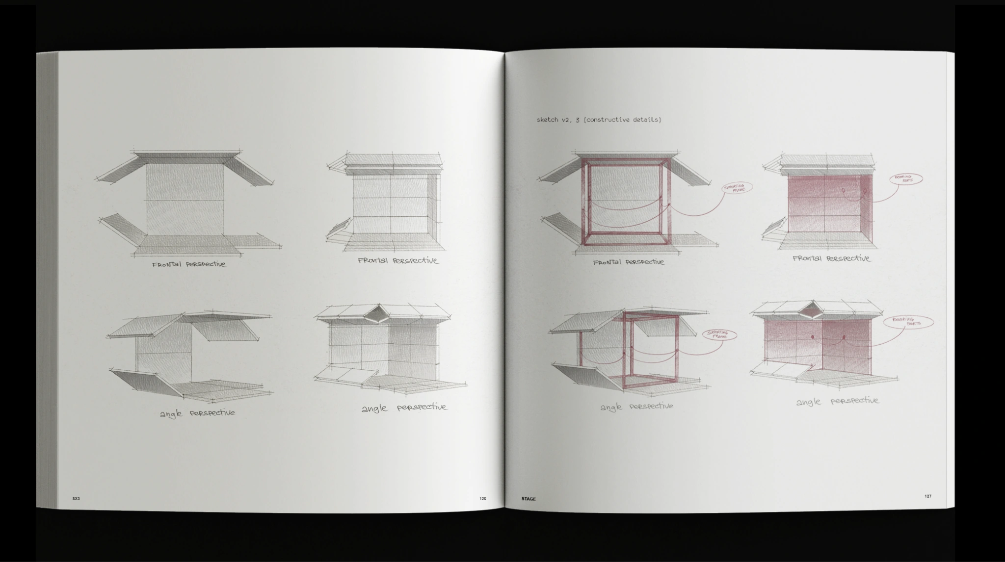 Open book showing pencil drawings of a transforming stage structure