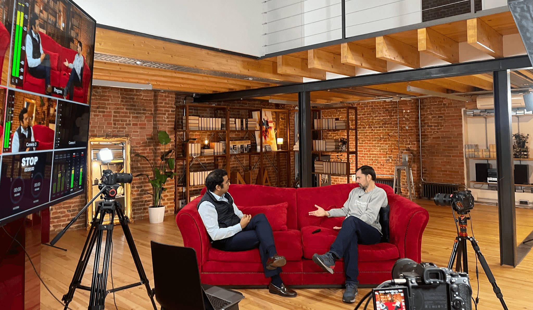 Multicam production setup during a filmed interview