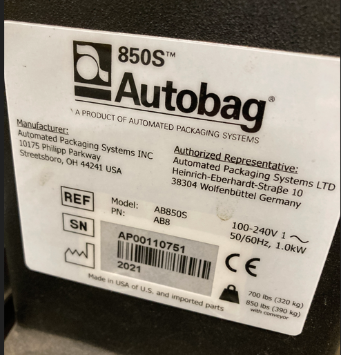Autobag 850S model and serial plate showing model AB850S, serial AP00110751 and manufacture year 2021