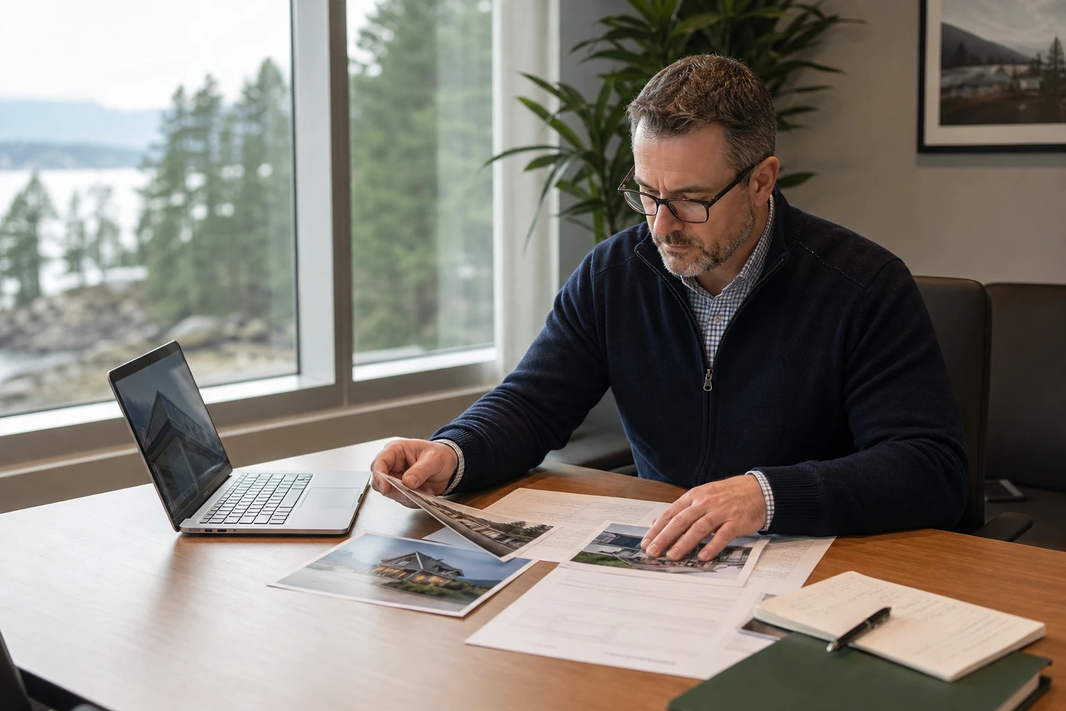 Illustrative scene of an experienced mortgage professional reviewing property photographs and non-readable financing information