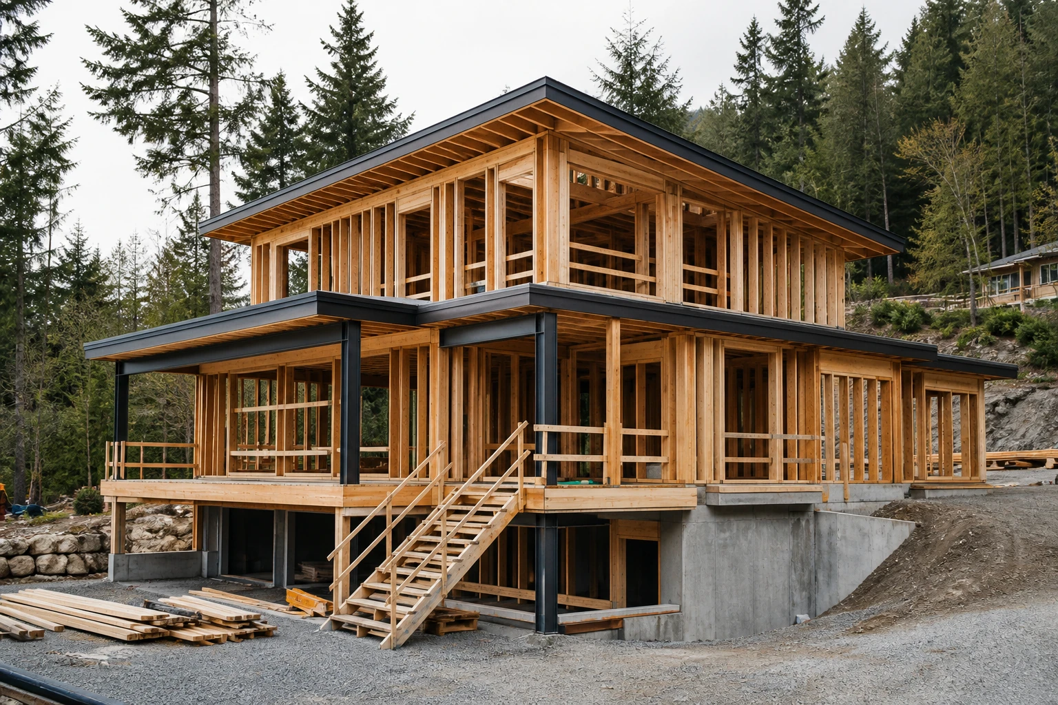 Contemporary Canadian home under construction with timber framing, concrete foundation and organized site access