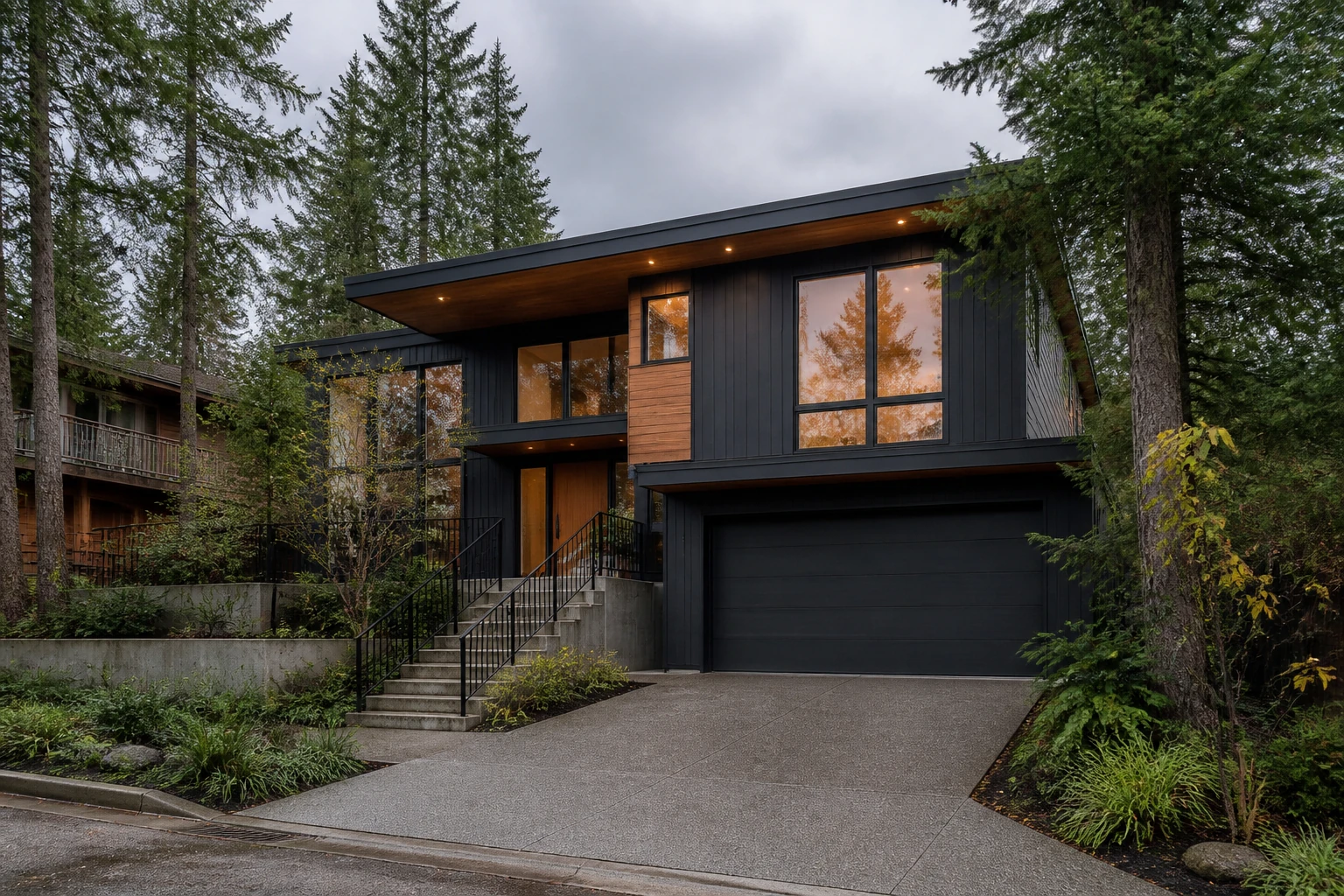 Contemporary West Coast home with a coherent driveway and front stairs in a mature British Columbia neighbourhood