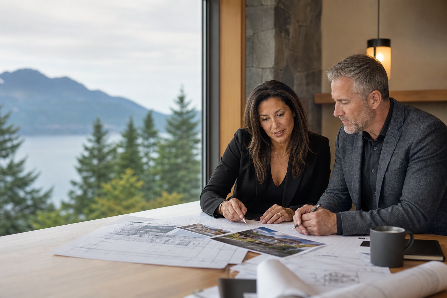 Two mortgage professionals reviewing an anonymized property opportunity in a West Coast office