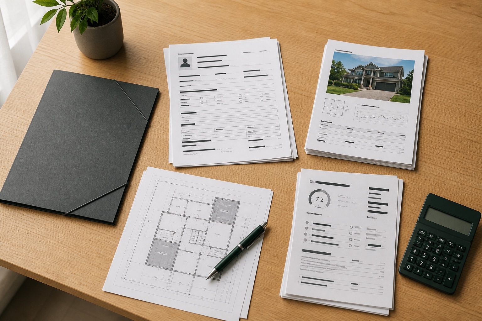 An anonymized mortgage application, property valuation and credit information organized on a desk