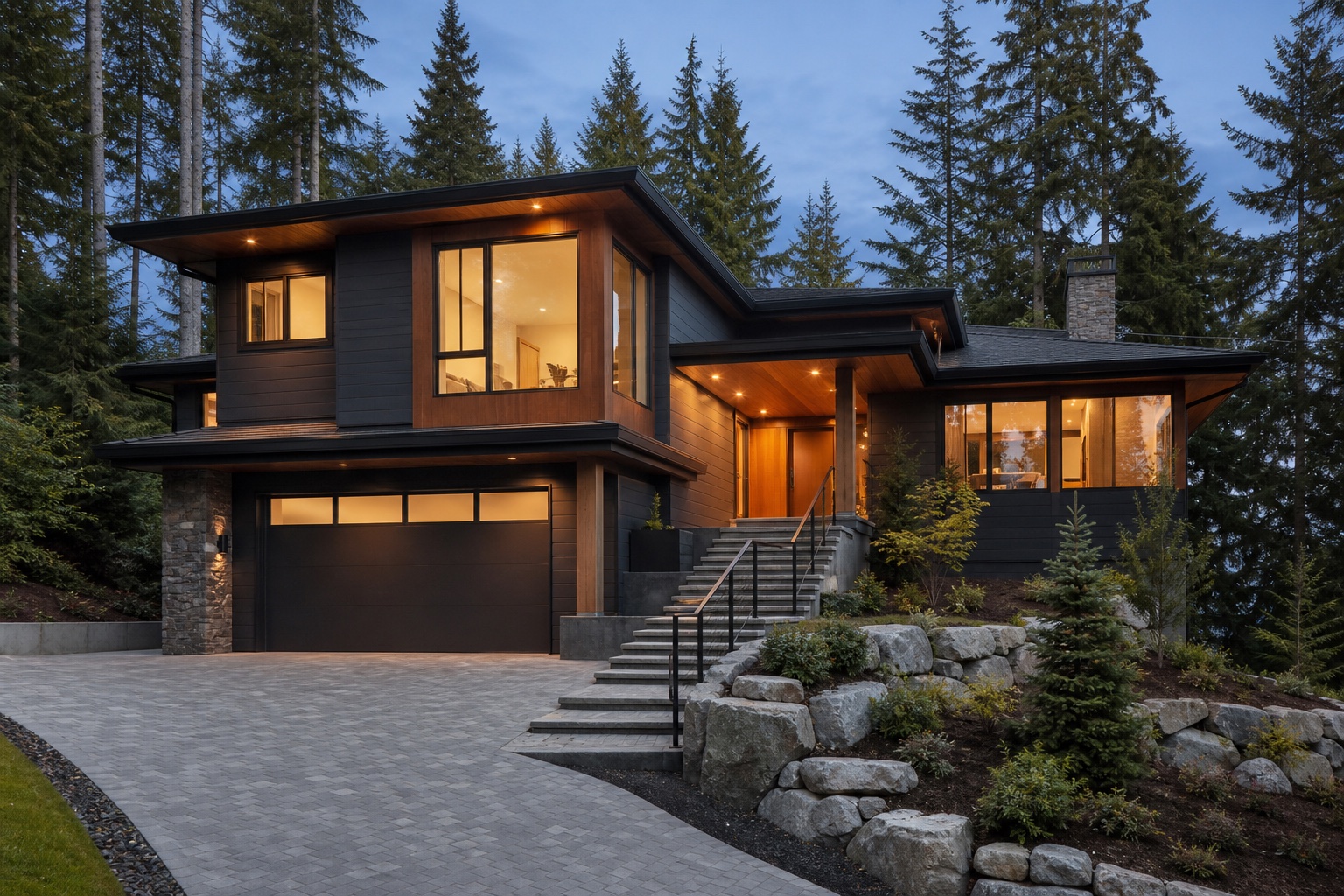 Contemporary West Coast residence with a connected driveway and clearly accessible front entry