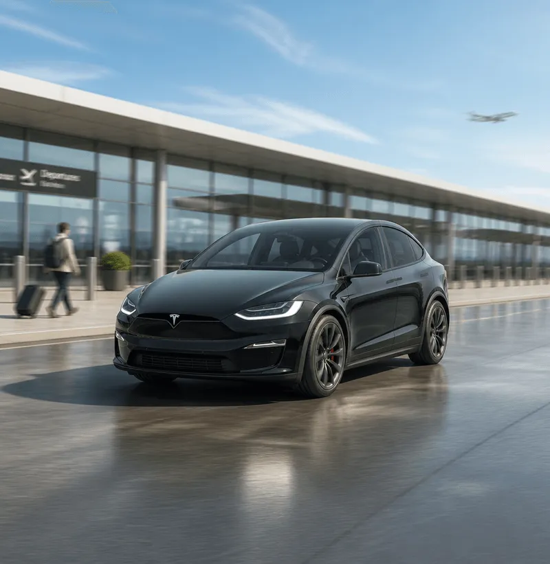 Tesla Model X waiting at an airport terminal curb