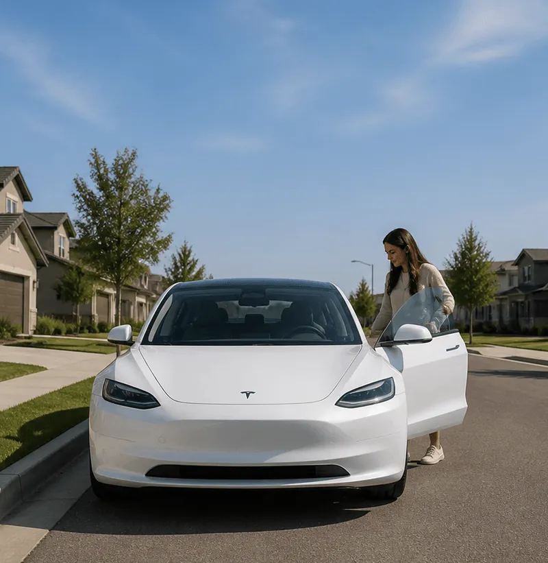 Driver getting into a Tesla Model 3 outside her apartment