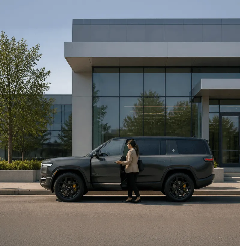 Driver getting into a Rivian R1S outside an office building