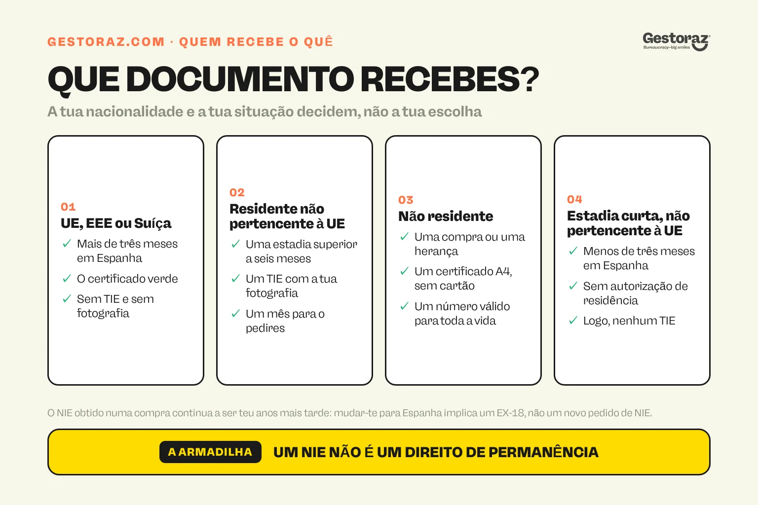 Infografia: o documento com que fica cada categoria de cidadão estrangeiro em Espanha, o certificado verde para cidadãos da UE, do EEE e da Suíça, o TIE para residentes não pertencentes à UE, um certificado A4 para não residentes e nenhum cartão para estadias curtas.