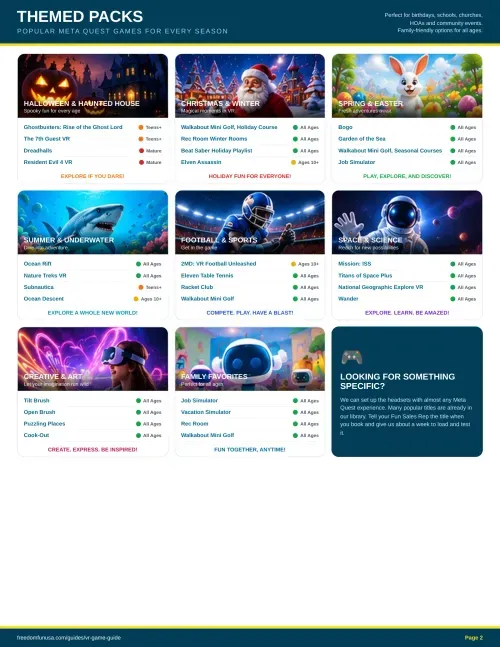 VR Game Guide page 2: themed packs including Halloween and Christmas