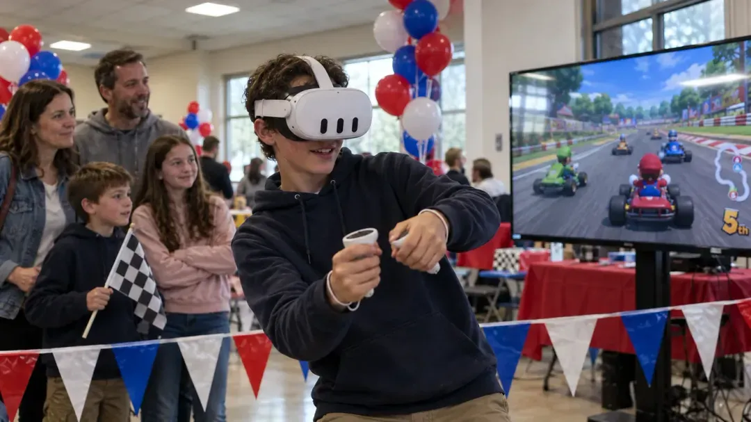 Teen steering with VR controllers in a kart racing game on the big screen while family cheers with a checkered flag