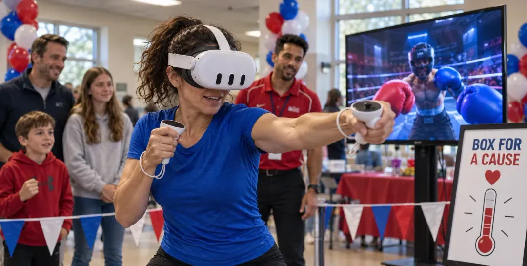 Family cheering as a player throws a punch in a VR boxing match on the big screen at a Box for a Cause fundraiser