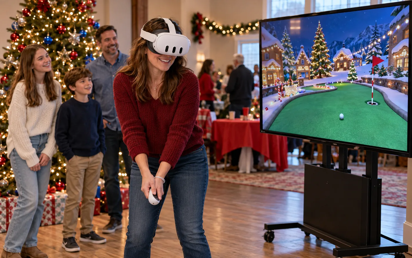Mom putting in a VR holiday mini golf game while her family watches beside the Christmas tree
