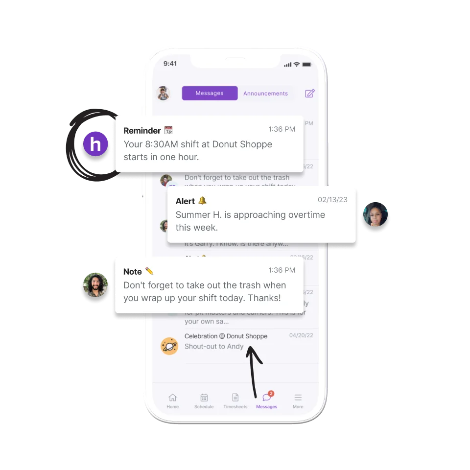 Homebase app showing shift notes and reminders sent to the team's phones