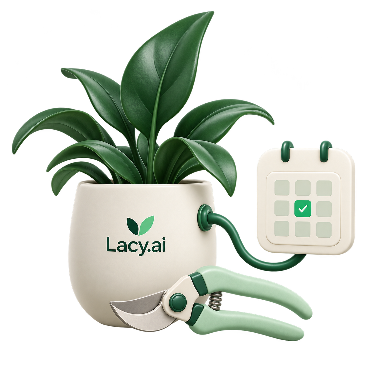 A Lacy.ai-branded plant pot, garden tools, and calendar illustrate a seasonal service follow-up.