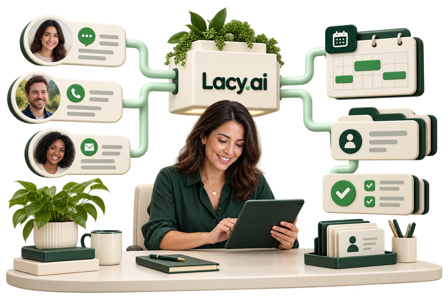 A business owner reviews customer calls, appointments, and organized work connected through Lacy.