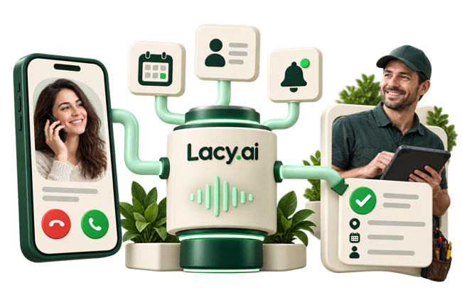 A customer calls Lacy while a field technician receives organized appointment and job details.