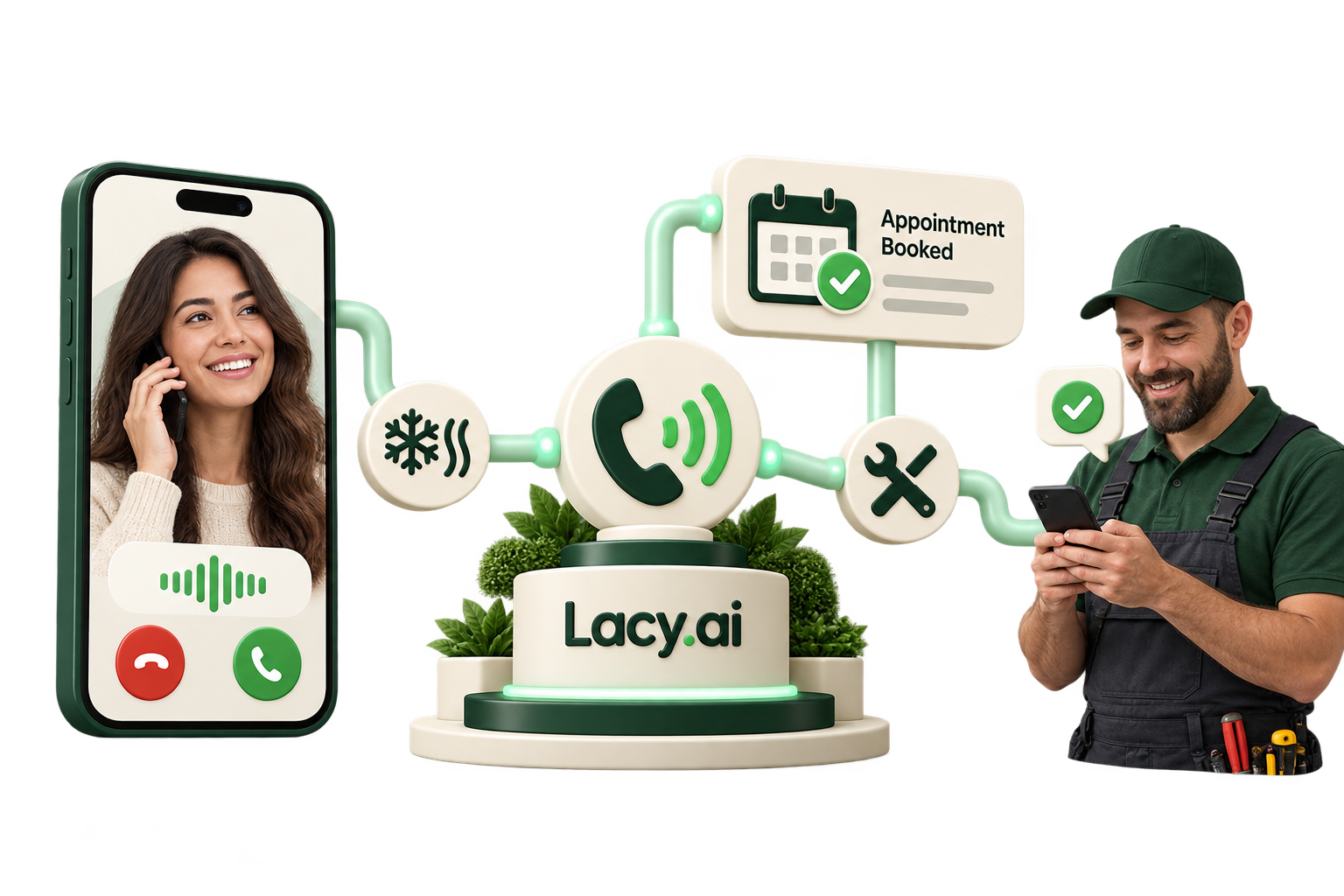 Illustration of a homeowner calling Lacy, an appointment being booked, and a technician receiving the job details.