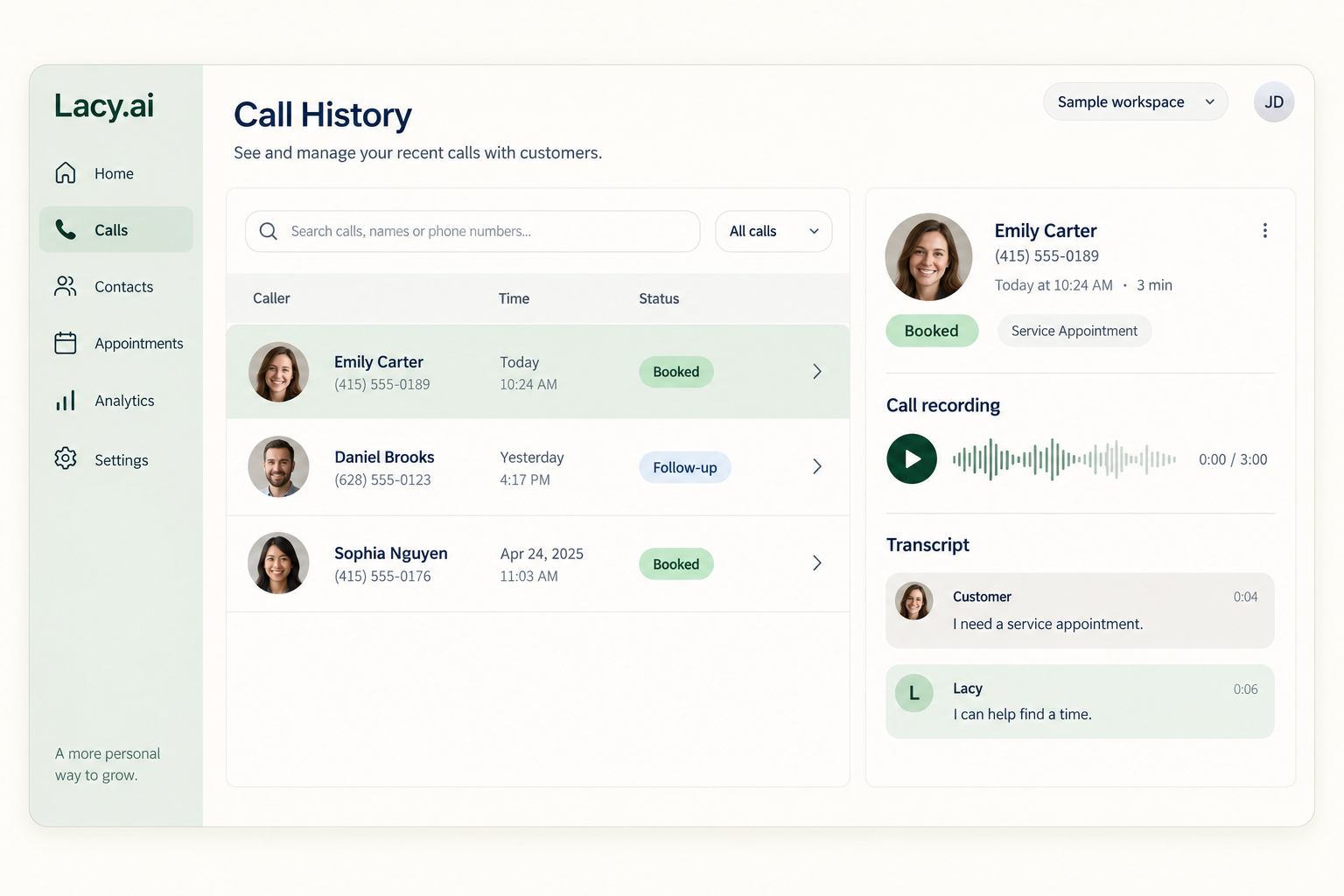 Illustrative Lacy.ai call history with example callers and a transcript