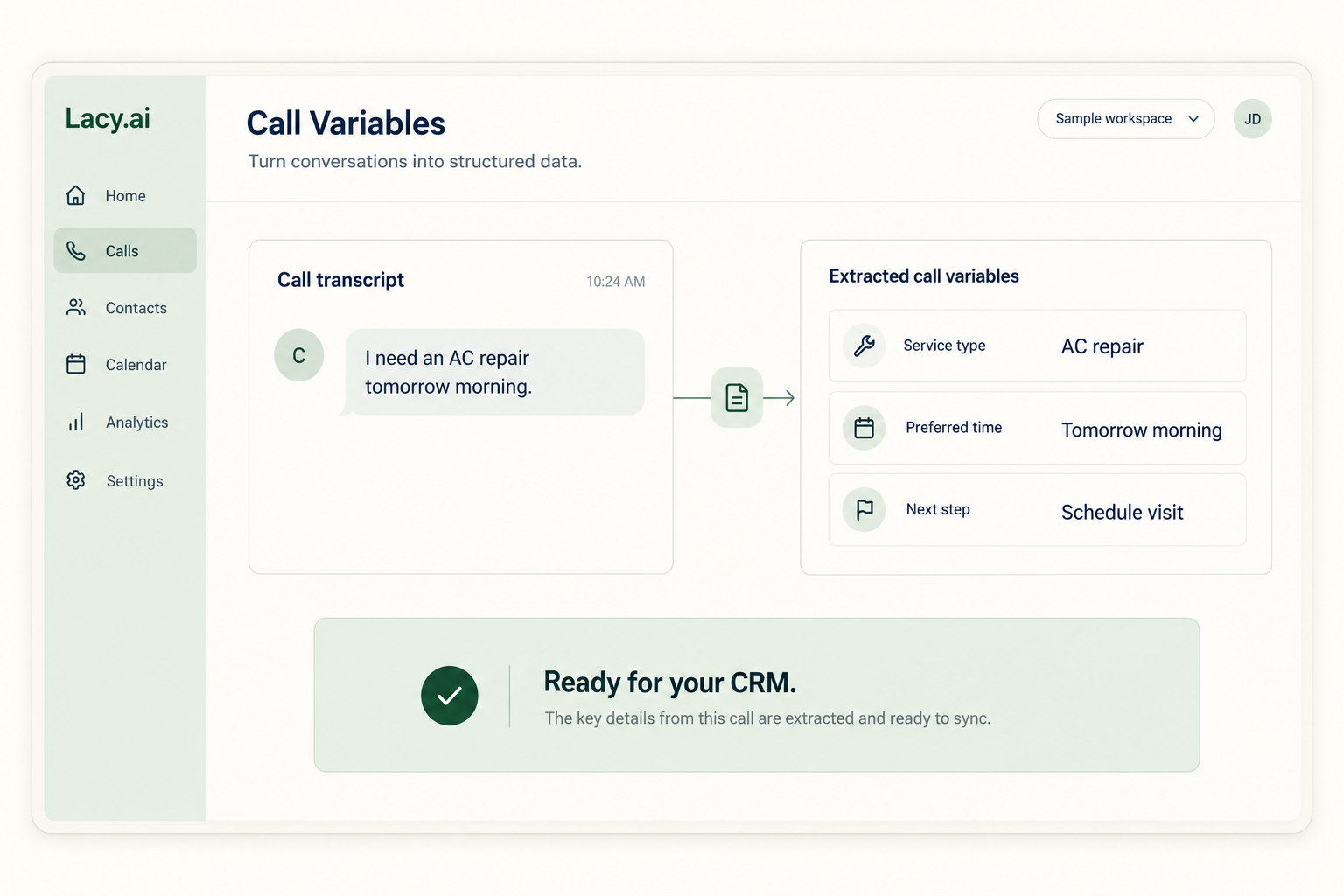 Illustrative Lacy.ai call variables turning a conversation into structured CRM data