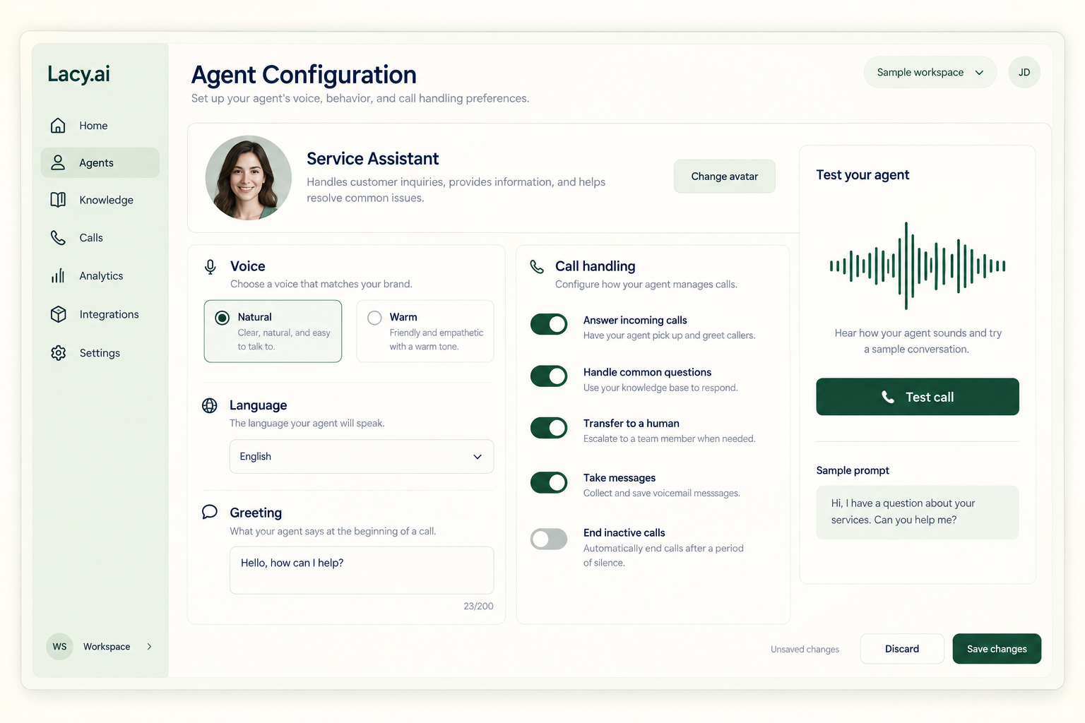 Illustrative Lacy.ai agent configuration with voice and call handling settings