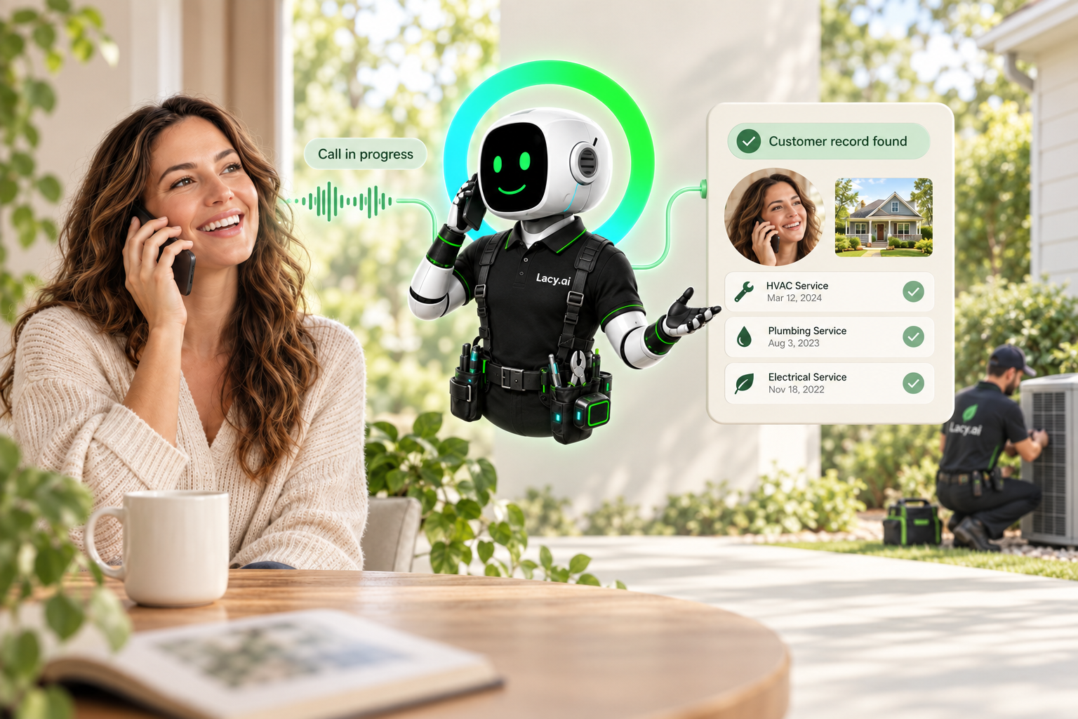 Capture the outcome. The haloed Lacy.ai cloud assistant handles call actions while people continue working.