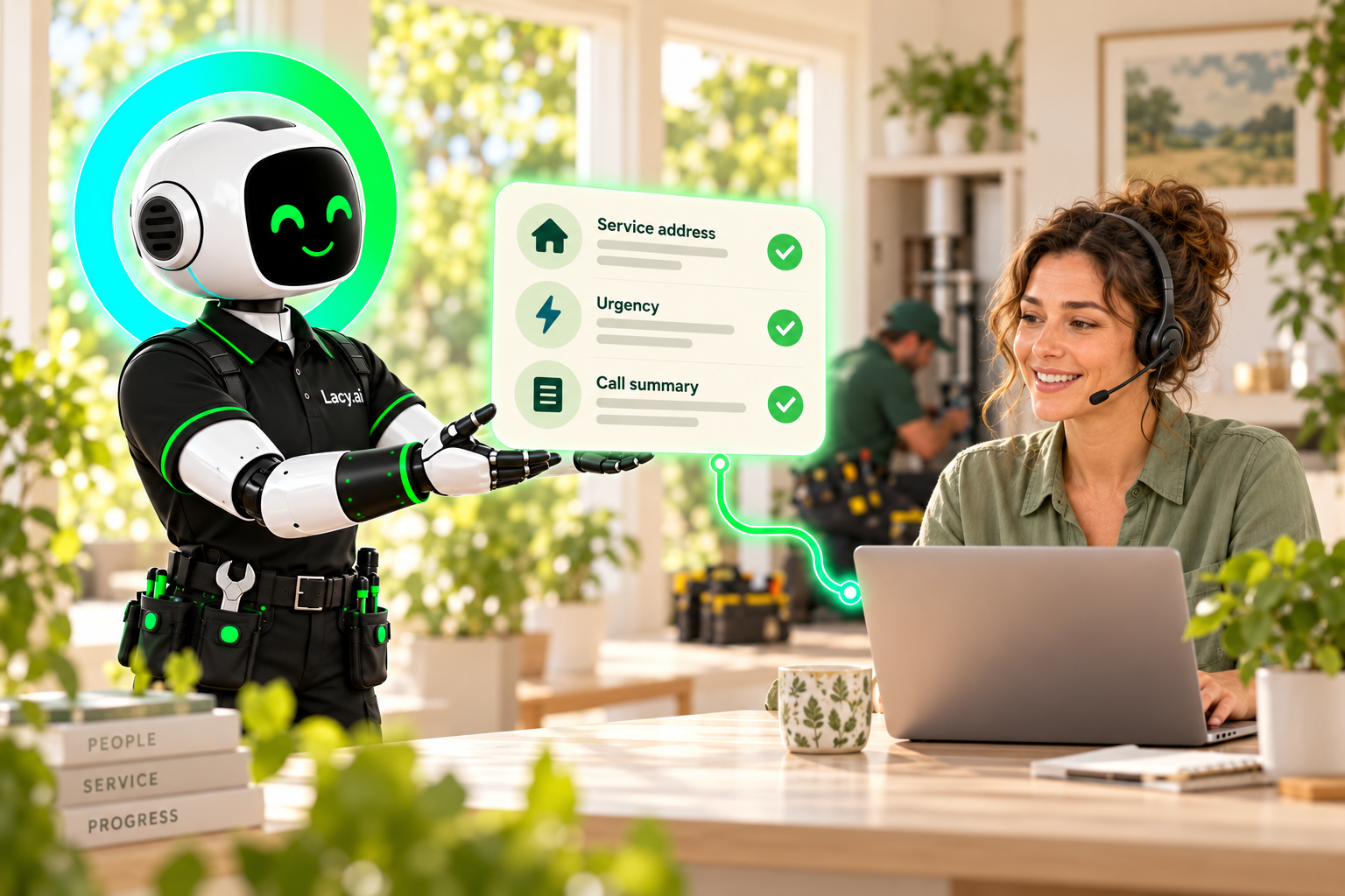 Keep the team moving. The haloed Lacy.ai cloud assistant handles call actions while people continue working.