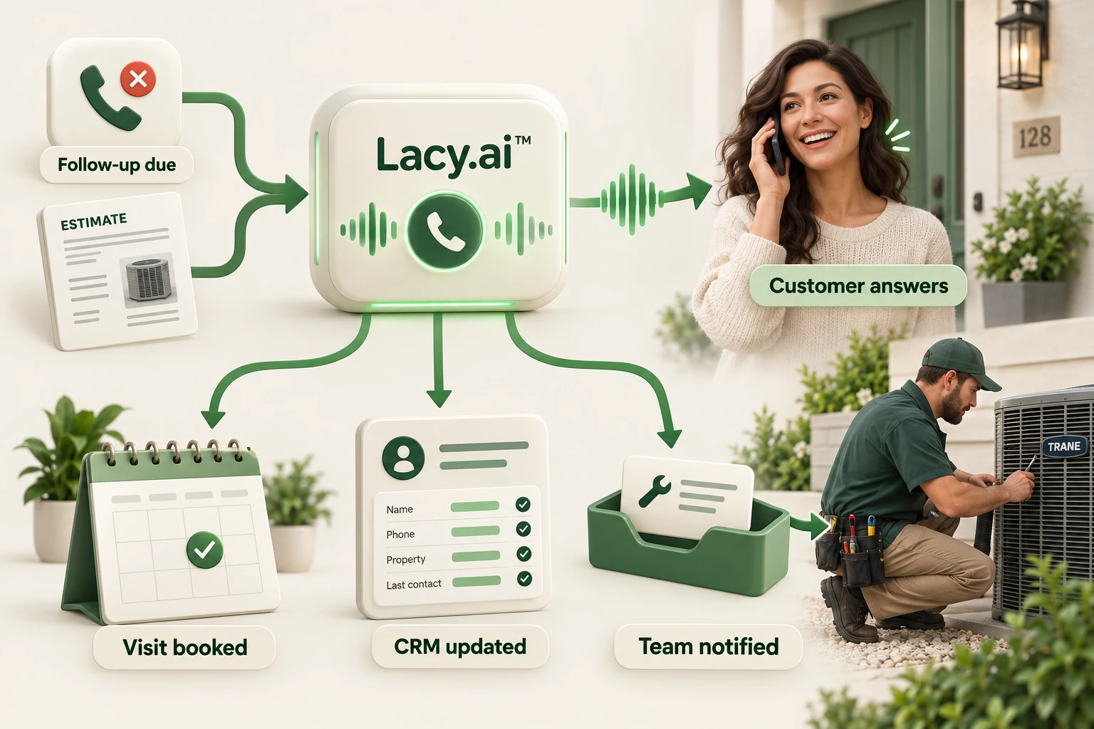 Lacy.ai calls a customer about a missed inquiry, books the next visit, updates the CRM, and notifies a technician who continues working.