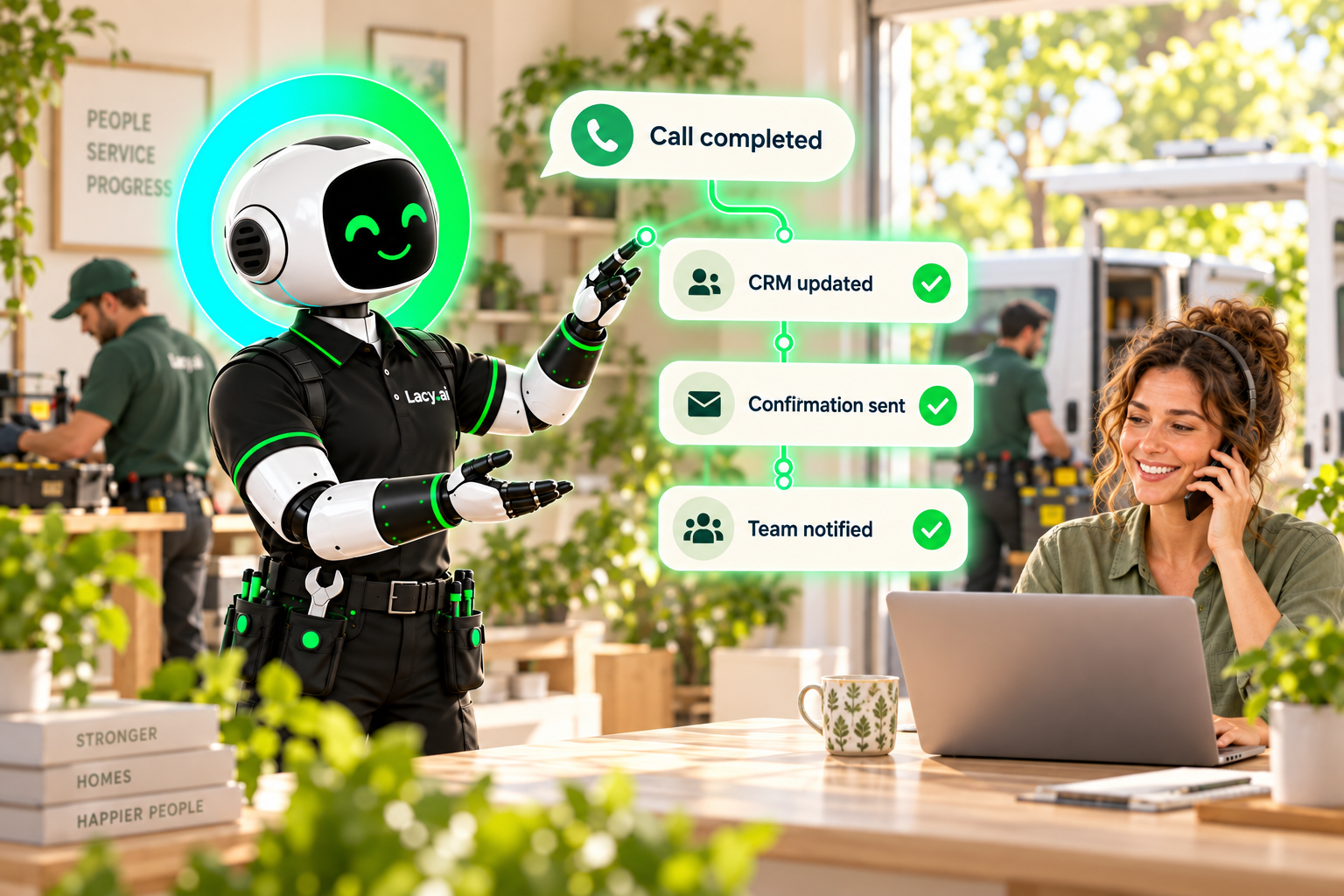 The haloed Lacy.ai cloud assistant coordinates CRM updates, confirmations, and team alerts.