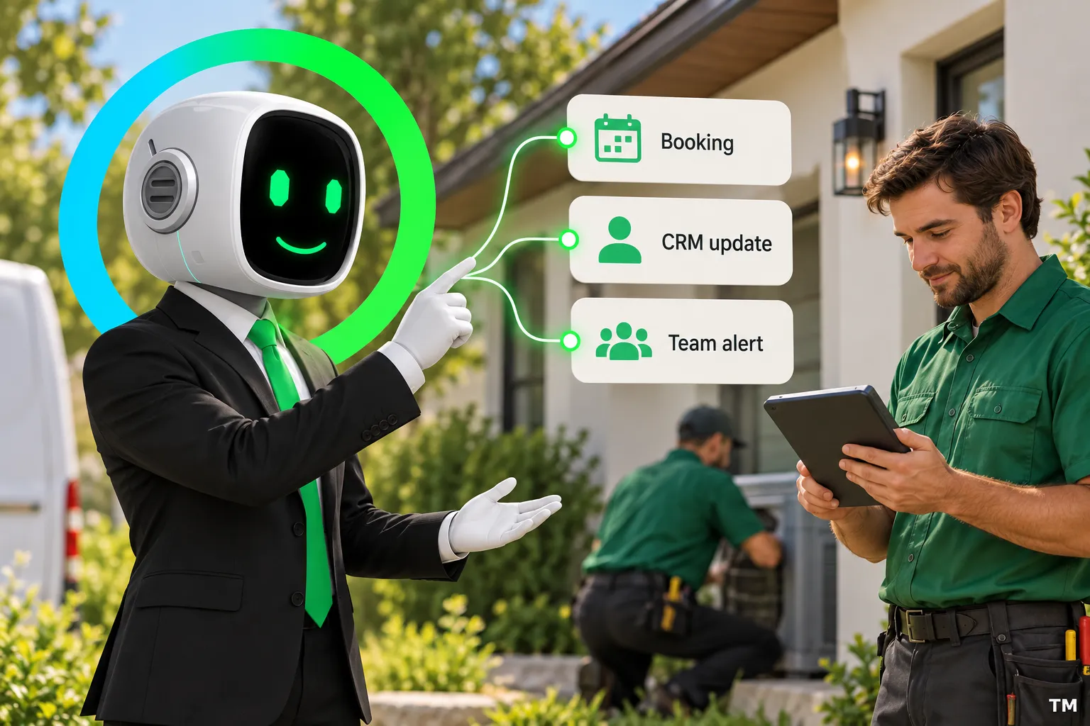 Trigger the right action. Route, book, update a system, or start follow-up as configured.