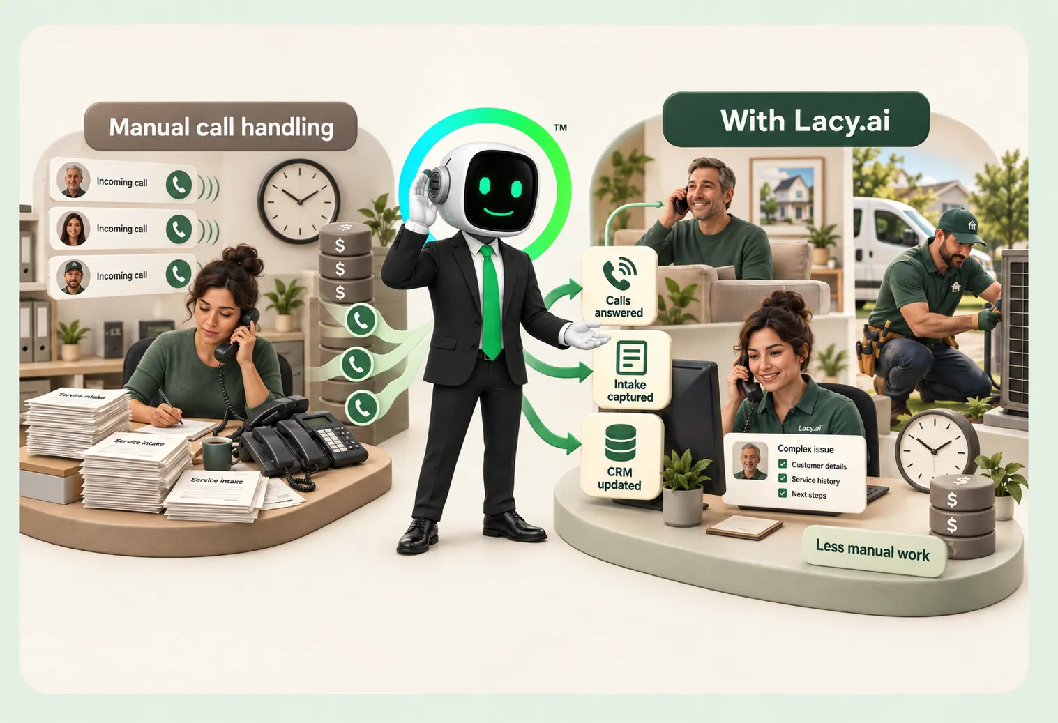 Manual call handling compared with Lacy.ai: the Lacy robot answers calls, captures intake and updates CRM while the service team keeps working.