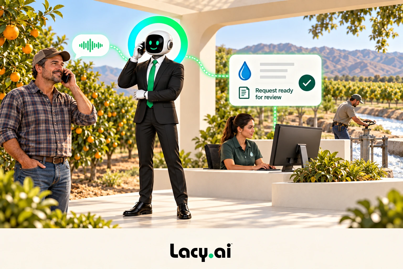 Illustrated grower call connected through Lacy to irrigation district staff for review.