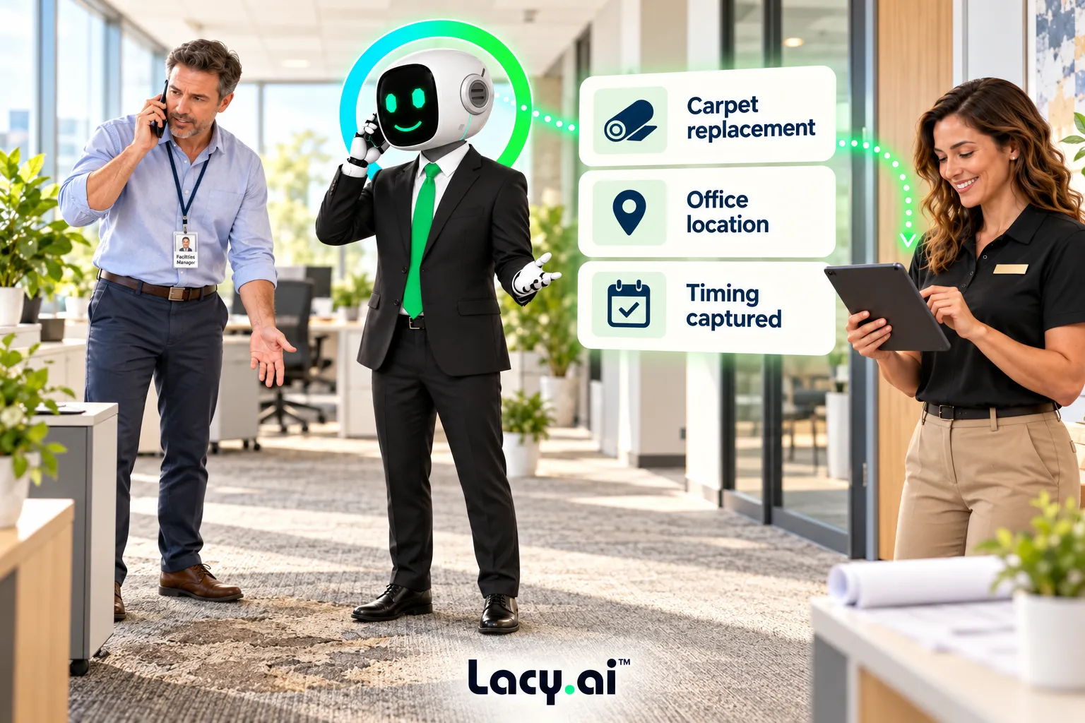 A facility manager describes their needs; Lacy captures service, location and urgency.