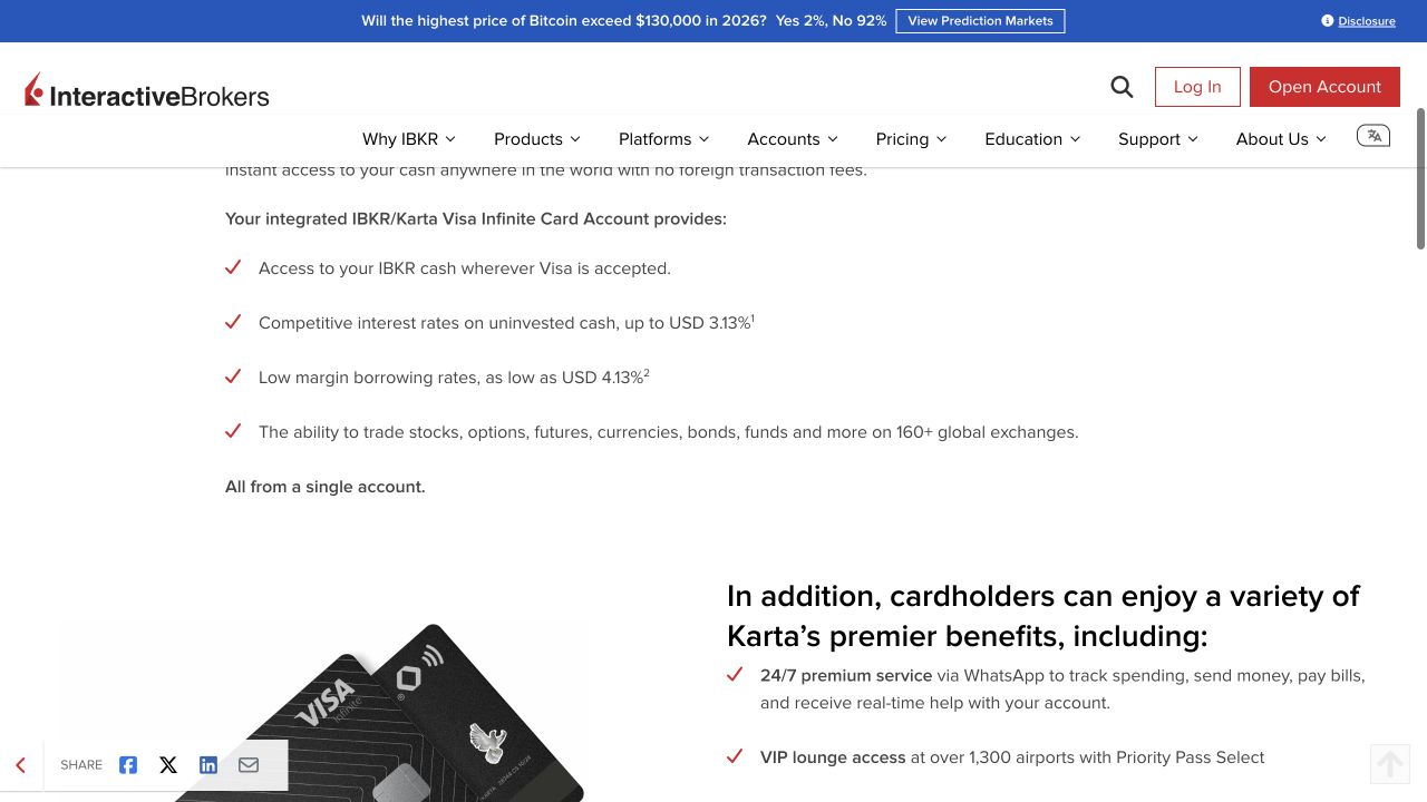 Official Interactive Brokers Karta page showing cash and margin rate headlines and Priority Pass benefits