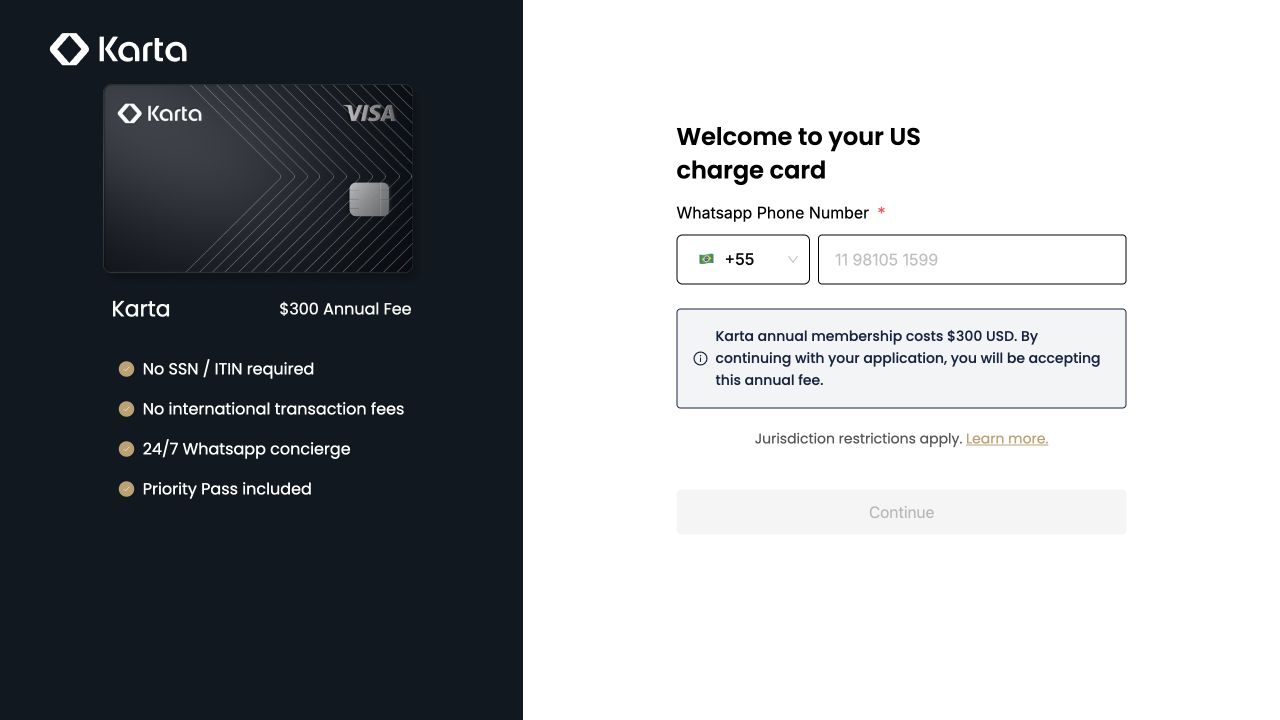 Official Karta IBKR application entry showing the WhatsApp number field and USD 300 annual fee