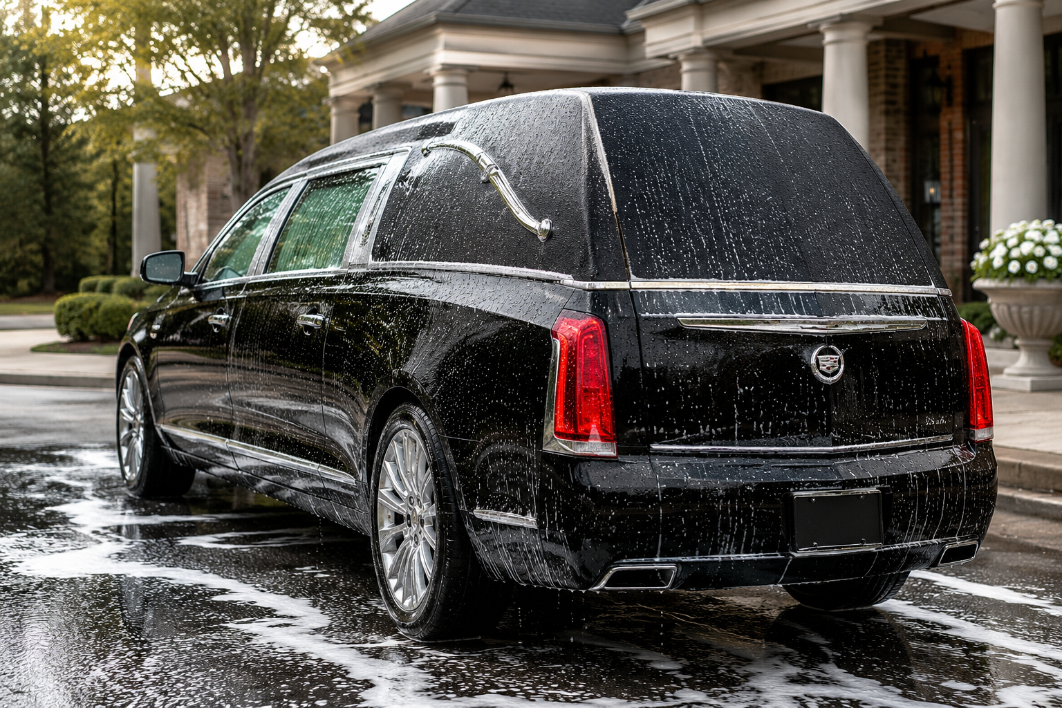 A clean hearse parked outside a funeral home