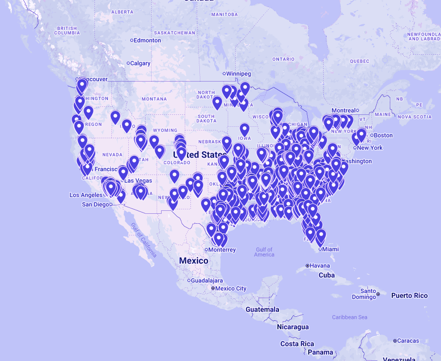 Map of the Rynse nationwide wash network showing wash locations across the United States