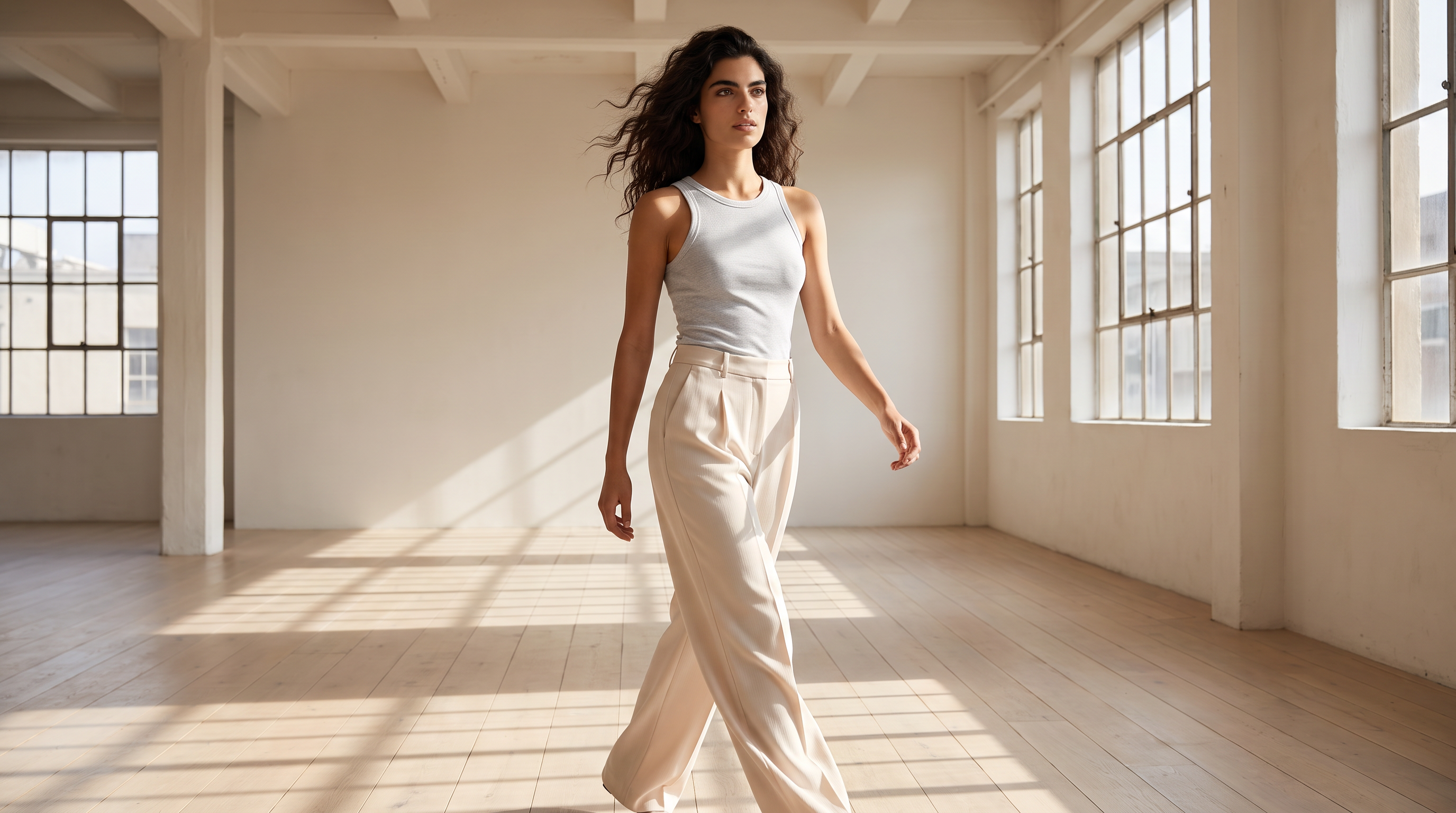 AI-generated on-model fashion image in a sunlit studio, ready for ad creative