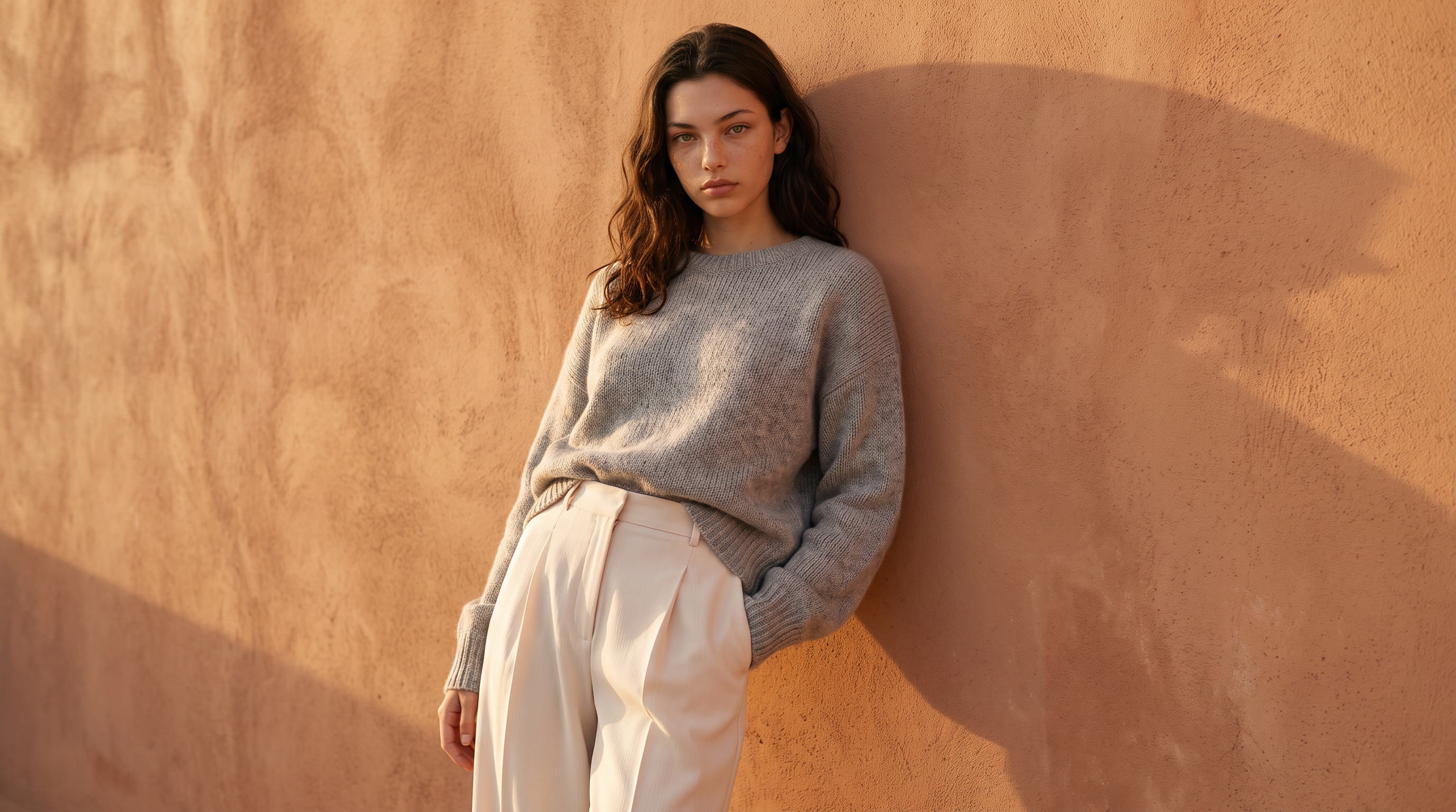 AI on-model fashion image against a warm plaster wall for paid social