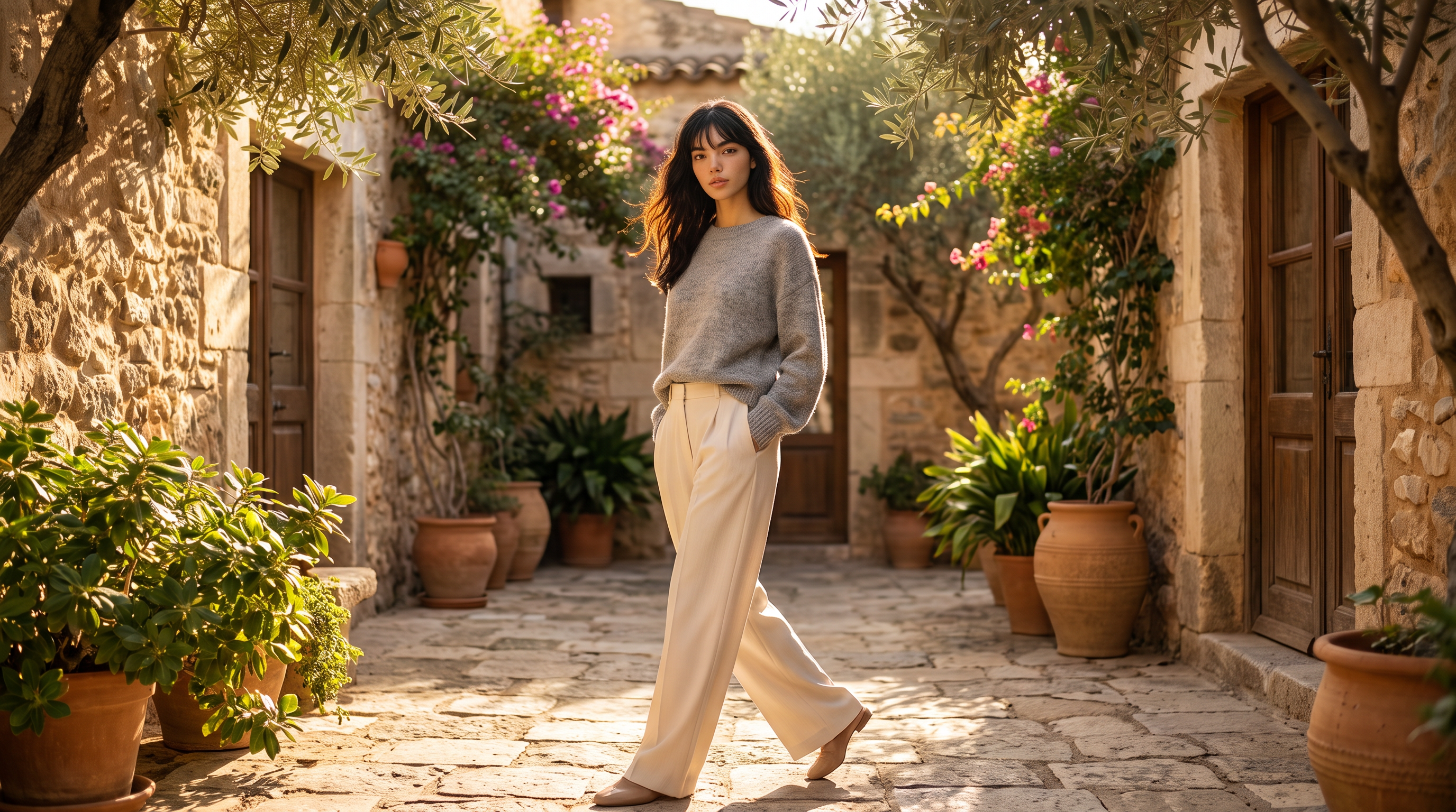 AI on-model fashion image in a sunlit courtyard, example for ecommerce video