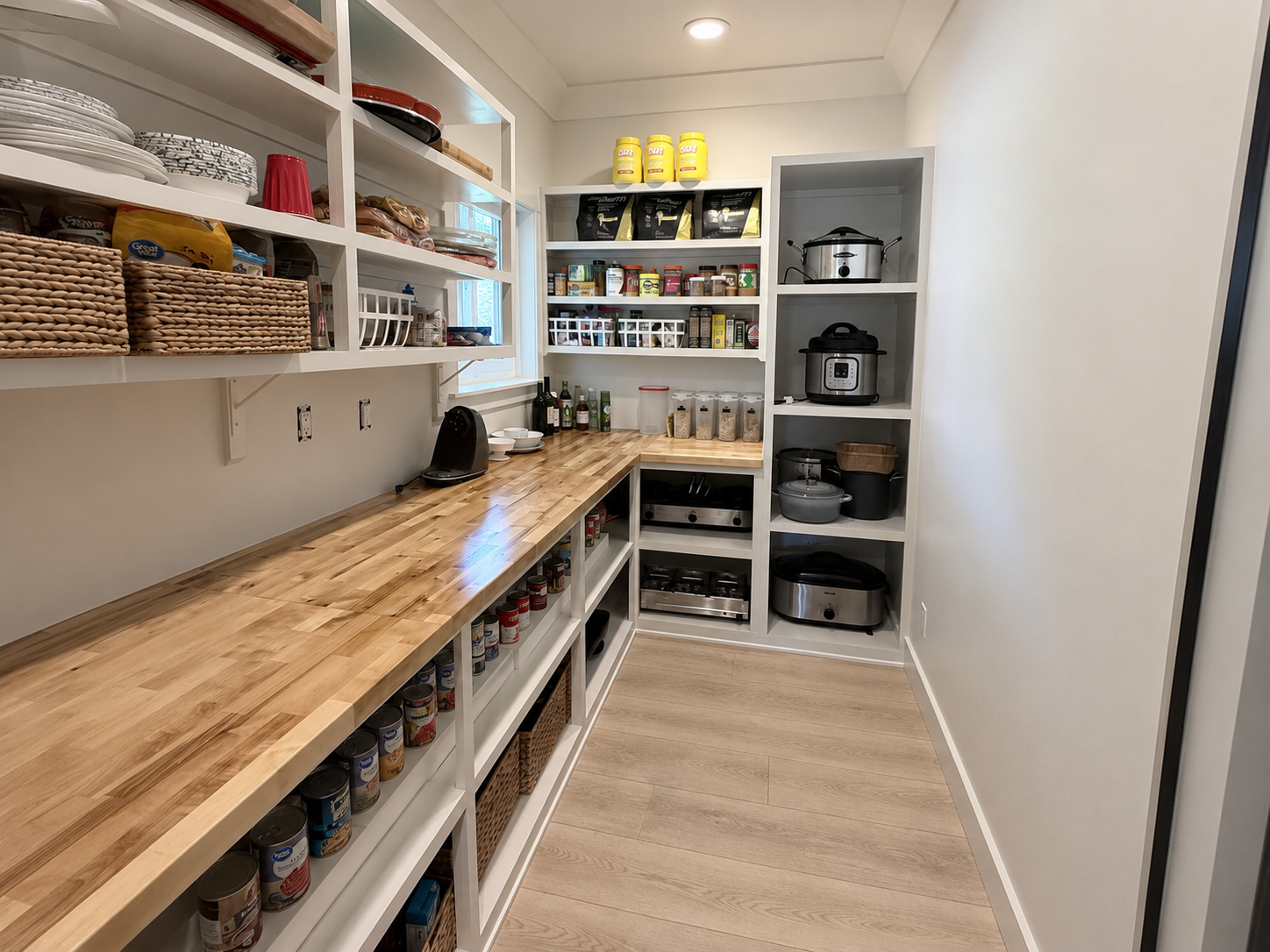 Finished custom pantry with built-in shelving and butcher-block counters