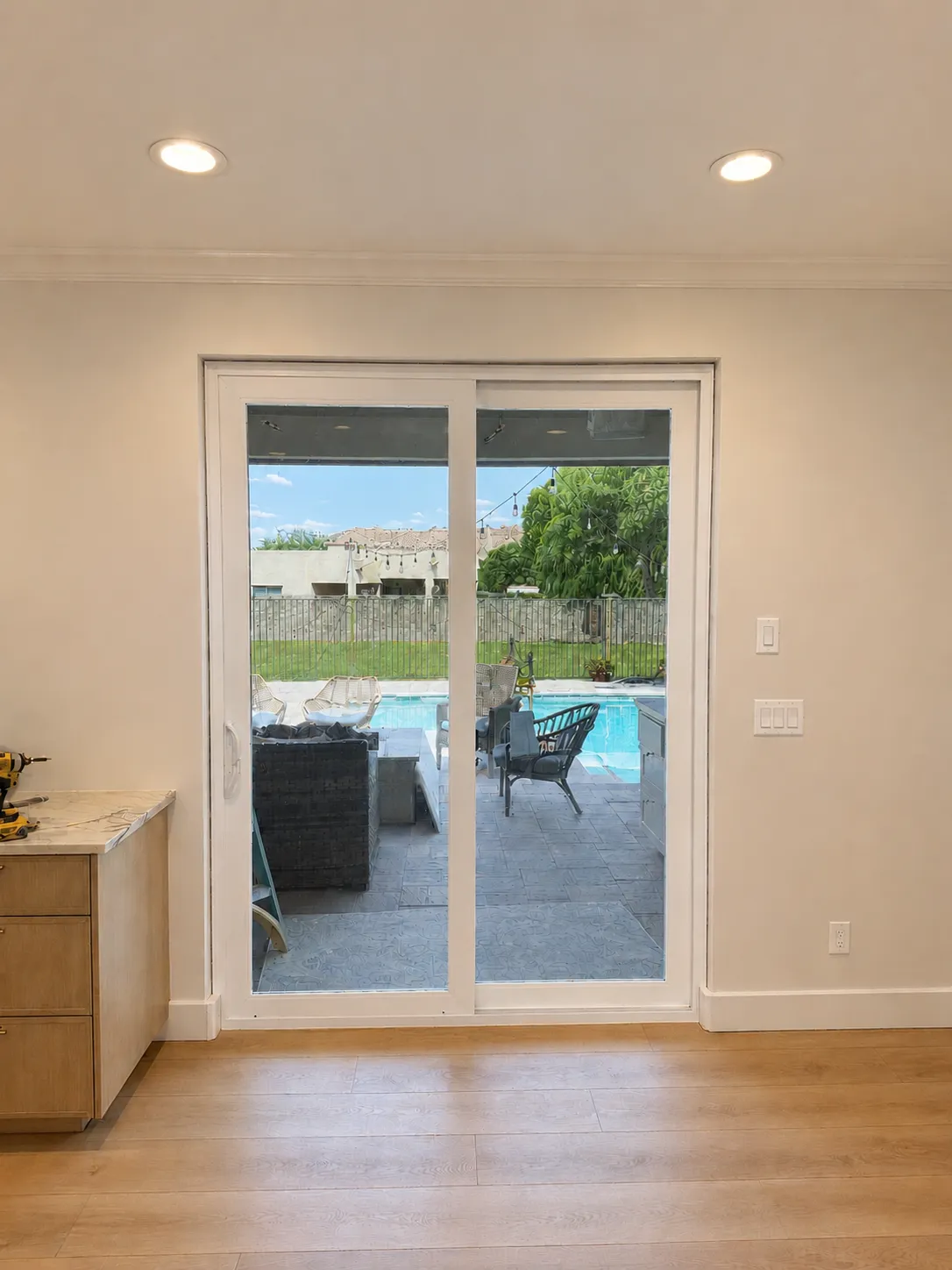 Completed eight-foot sliding glass door viewed from inside the home
