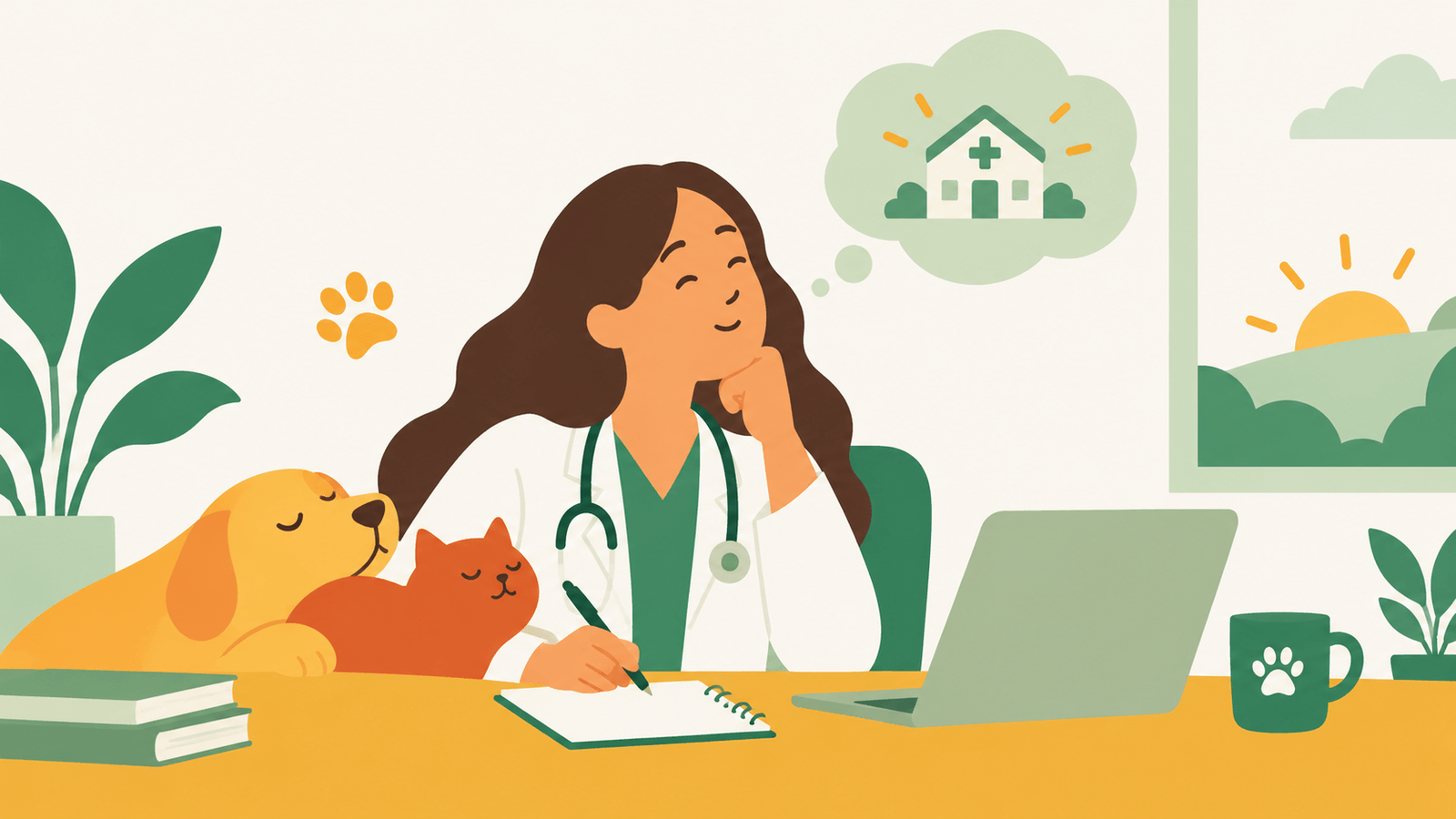 Veterinarian sitting at a desk thoughtfully weighing the decision to open their own veterinary practice, with a cat and dog resting beside her