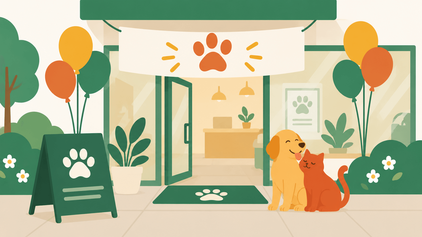 Veterinary clinic storefront decorated with balloons for opening day, with a dog and cat sitting out front