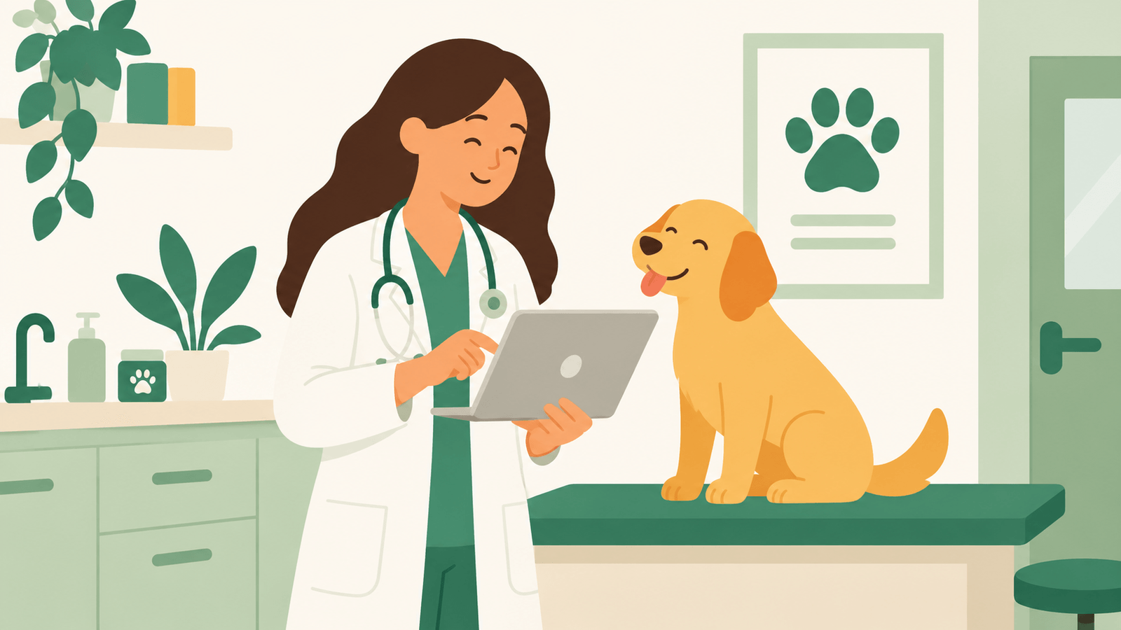 Veterinarian using a laptop to review NectarVet practice management software with a golden retriever on the exam table