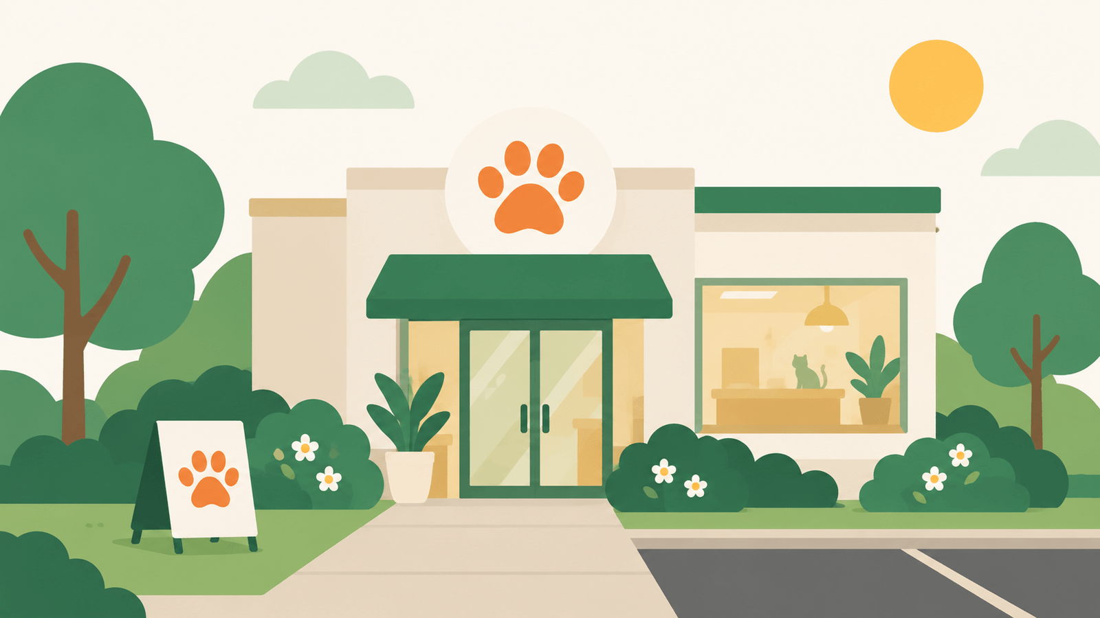 A welcoming finished veterinary clinic storefront with a paw print logo, plants, and a sunny exterior