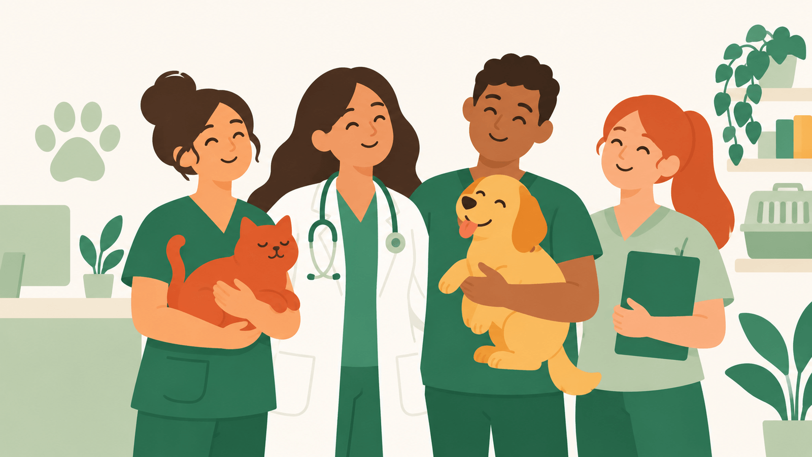 A veterinary team of four staff members smiling together, holding a cat and a puppy in a clinic