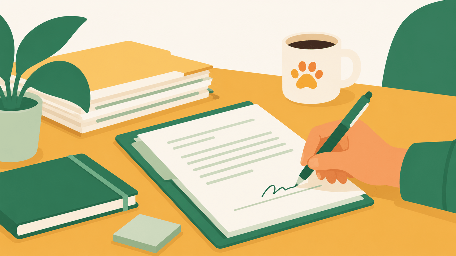 Hand signing legal paperwork for a veterinary practice, with a paw-print coffee mug on the desk