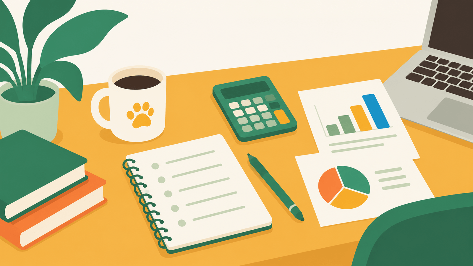 Desk with business planning materials including a notebook, calculator, and financial charts for a veterinary practice startup budget