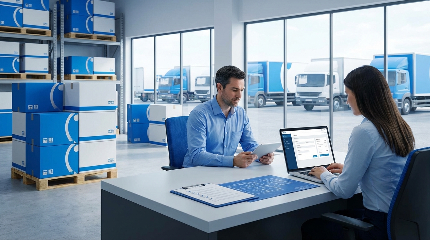 Professionele verhuisofferte met laptop, documenten en verhuisdozen op een bureau